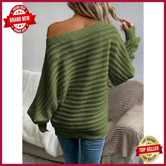 Oversized Off Shoulder Pullover Sweater Batwing Striped Cozy Winter - Picture 3 of 8